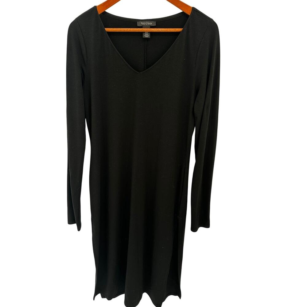 WHITE HOUSE BLACK MARKET Black V-Neck Side Slit Long Sleeve Dress // M